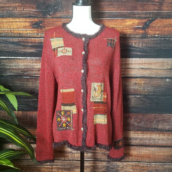 Napa Valley Vintage Cardigan Sweater XL Button Front Red Patchwork Fur Trim - Picture 1 of 8